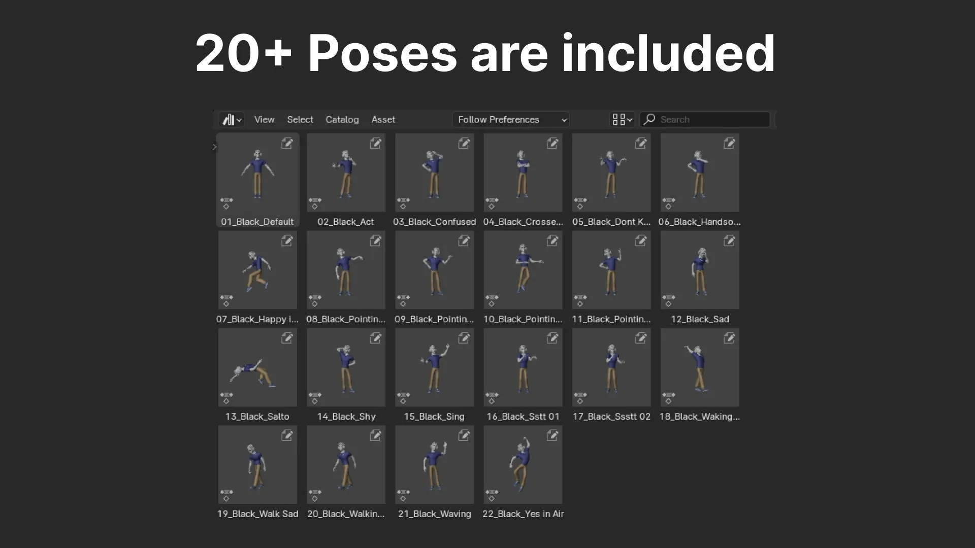 20 pre-made poses for Customizable Black Man Character